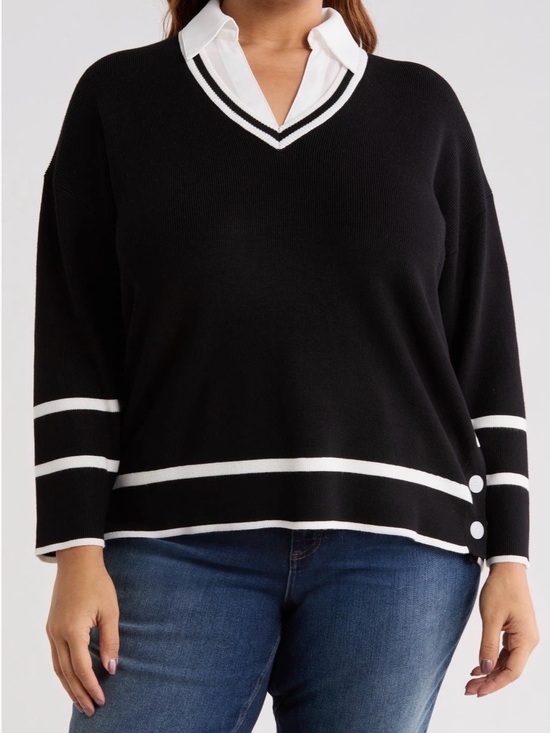Adrianna Papell Sweaters - Adrianna Papell Black V-Neck Layered Sweater with White Stripes Size 1X